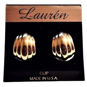 3/4' Rib Lined Half Hoop Clip On Earrings Vintage Polished Gold Tone Domed Curve